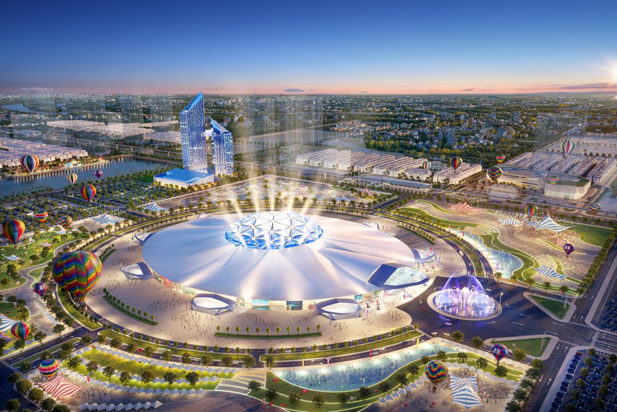 Bất động sản Hà Nội cất cánh với điểm nóng mới- Ảnh 1. A large circular fountain with lights Description automatically generated